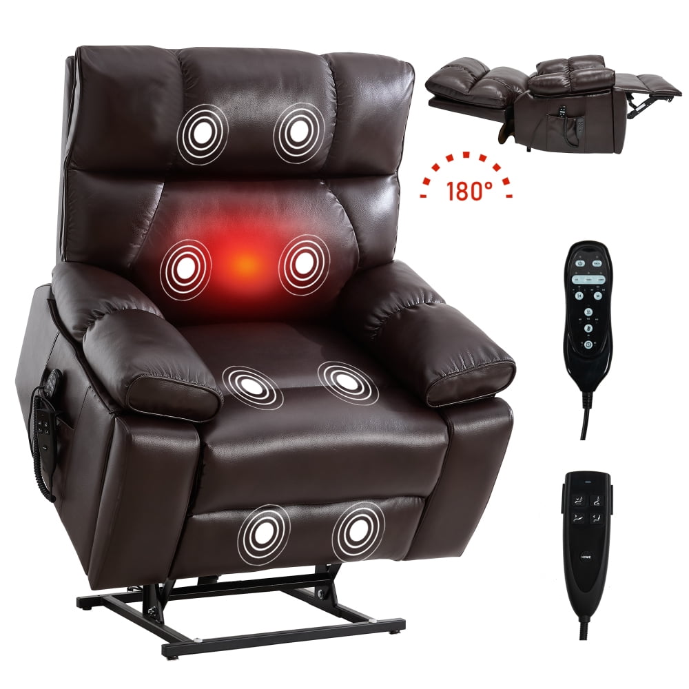 Dark Brown Leatheraire Power Lift Recliner with Heat/Massage, Dual Motor, 350LBS Weight Capacity, Includes Cup Holders