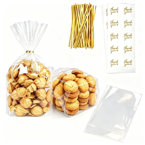 150Pcs 5.91×9.84" Gusseted Clear Cellophane Treat Bags, Stand Up Goodie Bags with 150 Gold Twist Ties & Stickers for Candy Cookies Party Favors