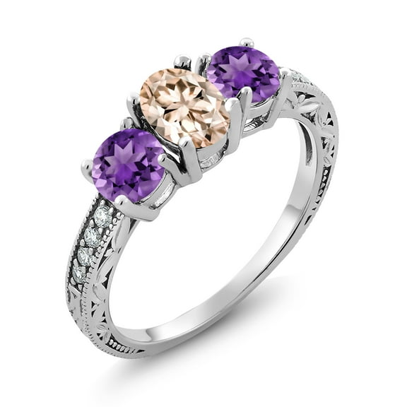 Gem Stone King 1.72 Ct Oval Peach Morganite Purple Amethyst 925 Sterling Silver Moissanite Ring (Size 7)