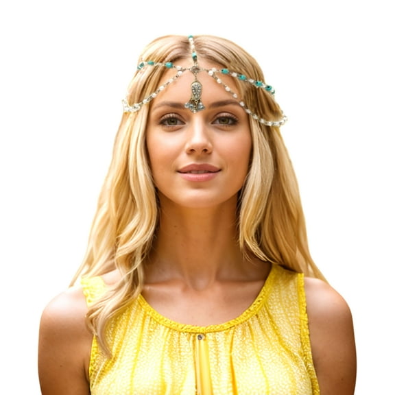 Unique Bargains 1 Pc Headpiece Beaded Turquoise Head Chain Blue