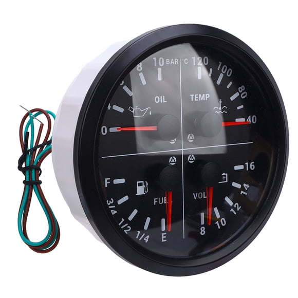 4 in 1 Fuel Level Gauge Oil Pressure Gauge Water Temp Gauge Voltmeter 4 3/8in E 1/4 1/2 3/4 F 0 to 10bar 40 to 120 degrees Celsius 8 to 16V for RV Yacht Truck
