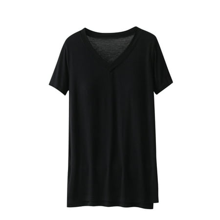 MIUOWANP Women s T-Shirts Loose Fit V-Neck Shirt Solid Color with Built In Bra Cups Lightweight Loungewear Size M(6)Black