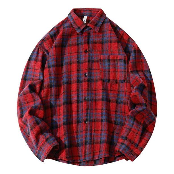 Blusa y camisa de manga larga con cuello vuelto para hombre, blusa informal a cuadros a la moda con botones y cuello vuelto, blusa de poliéster para hombre