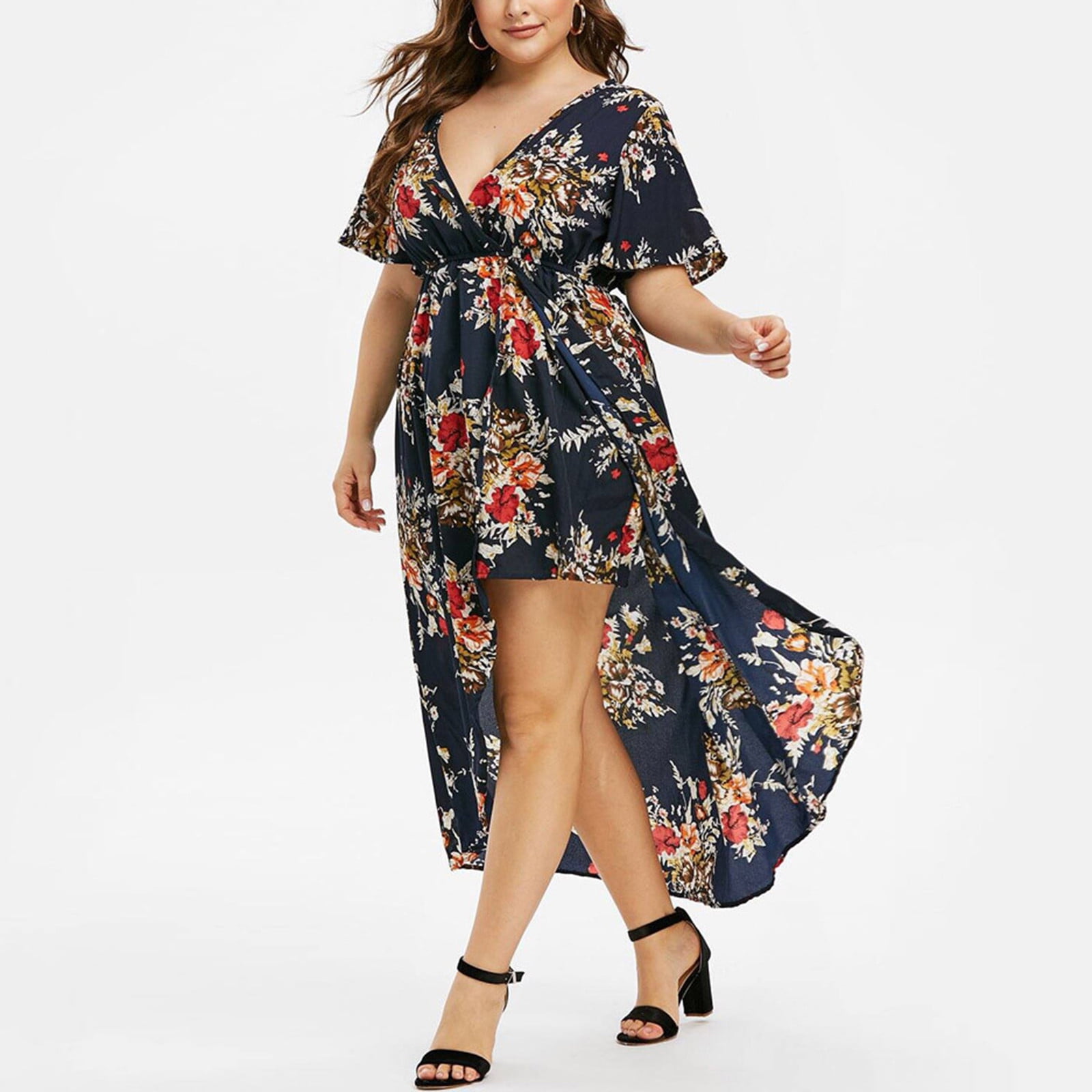 Lenago Plus Size Summer Dresses for Women 2022 Boho Flower Print High Low Dress V-Neck Short Dresses for Party Casual Clearance - Walmart.com
