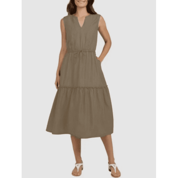 Lands' End Women's Small Rayon Midi Dress Tiered Elastic Waist Tan V-Neck Large