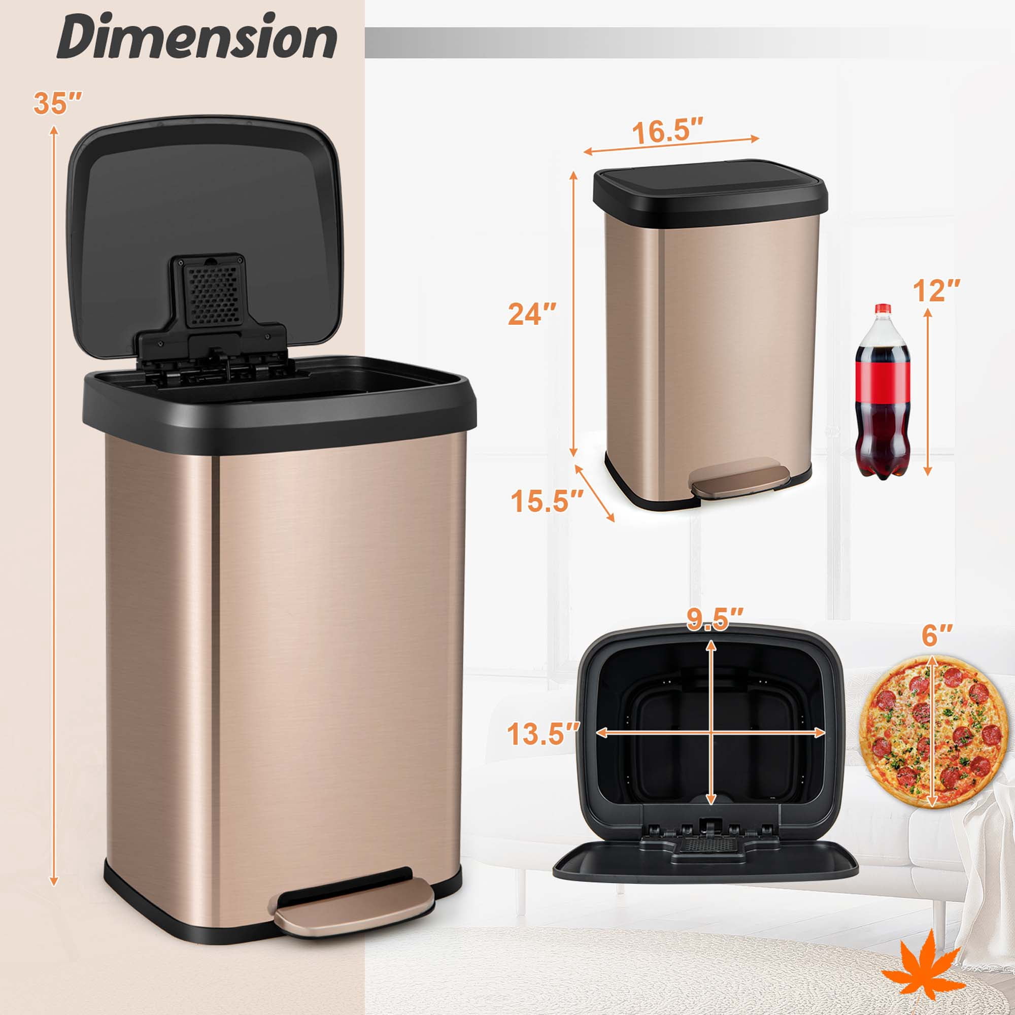 Costway 13.2 Gallon Step Trash Can Stainless Steel Airtight Garbage Bin for Home Kitchen Golden