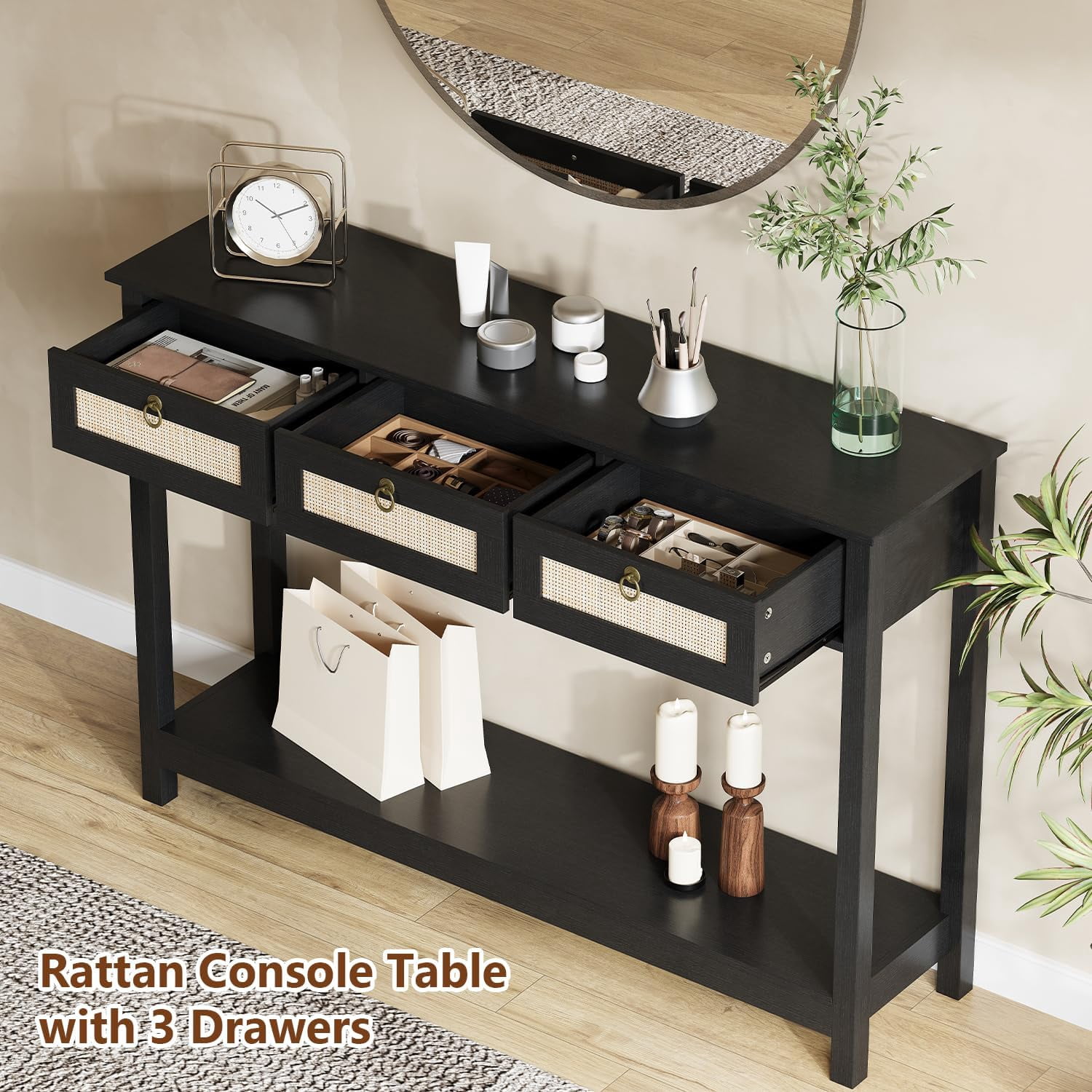 LAZZO 47" Boho Rattan Console Table, Narrow Entryway Table with 3 Drawers & Open Shelf, Balck