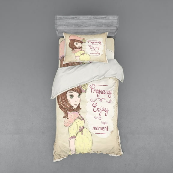 Ambesonne Saying Bedding Set 3 Pcs, Pregnancy Themed Slogan, Twin XL, Eggshell Pink Multicolor