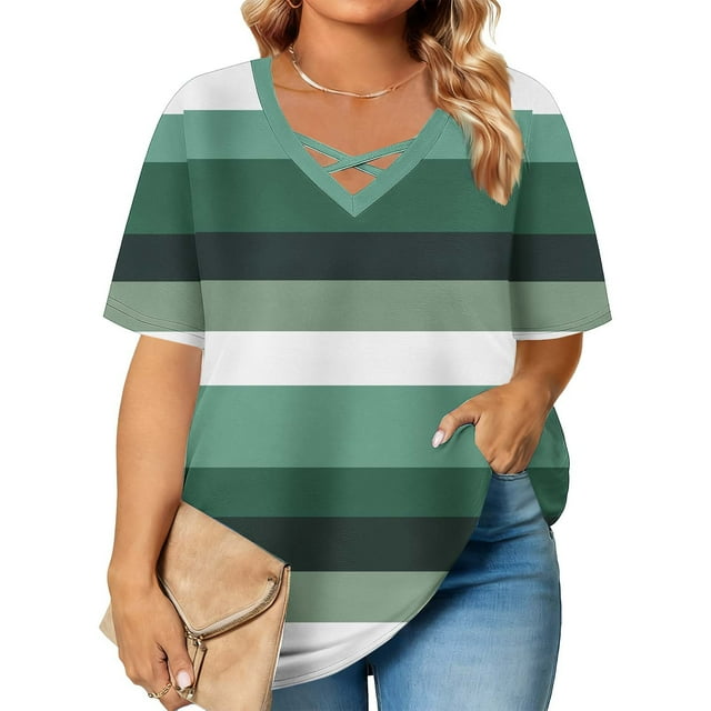 Blouse à Rayures Grande Taille Col en V Croisé devant - Manches Courtes Coupe Ample Décontractée Habillée Surdimensionnée, Vert, X-Grand