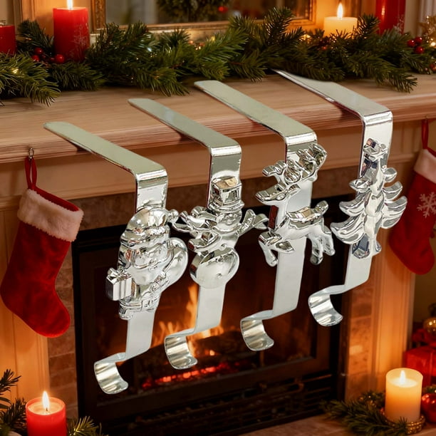 Ganchos para calcetines navideños | Ganchos decorativos para la repisa de la chimenea | Juego de 4 con almohadillas adhesivas | Ganchos de pared para colgar calcetines, coronas y adornos