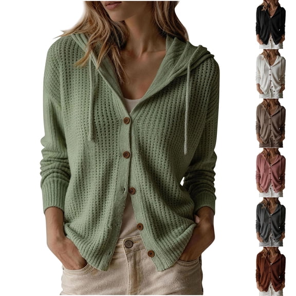 Axdhxbd Hollow Out Hooded Cardigan Sweater for Women Button Up Open Front Sweaters Loose Fit Lightweight Long Sleeve Crochet Sweaters M