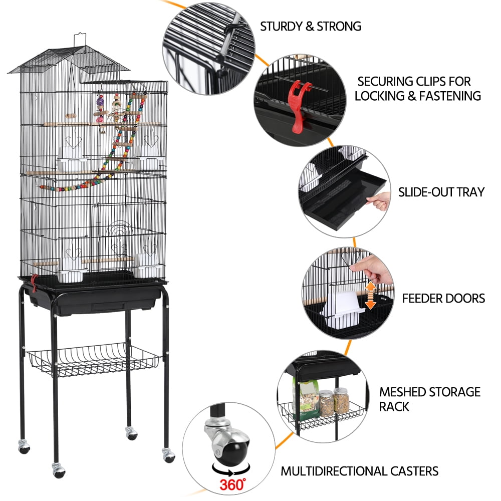 Renwick 62" Metal Rolling Bird Parrot Cage Detachable Stand, Black