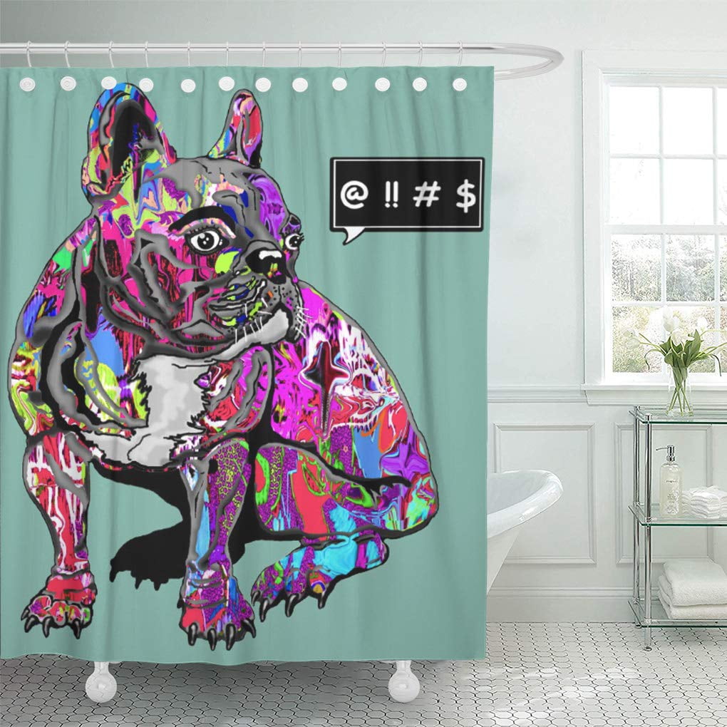 ATABIE Colorful Cursing Graffiti Covered Dog Cussing French Bulldog Hound Shower Curtain 60x72