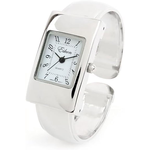 Women’s Silver Tone Rectangle Case Easy-to-Read Small Watch with Bangle Cuff