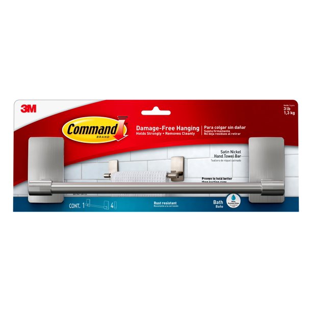 Command Satin Nickel Hand Towel Bar, 1 Towel Bar, 4 Strips - Walmart