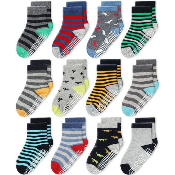 CozyWay Kids Crew Grip Socks - Soft Cotton Comfort Boys & Kids Socks - Durable Non-Slip Grippers - 5-7 Years, Gray/Yellow Multicolor - Pack of 12