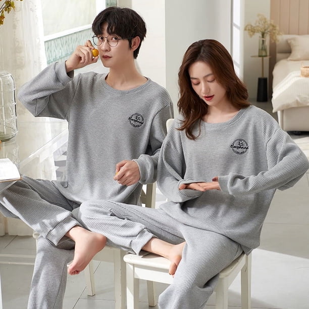 Pijamas de pareja Pijamas de mujer de otoño e invierno Ropa informal para el hogar para hombre Traje de dos piezas de algodón peinado suelto
