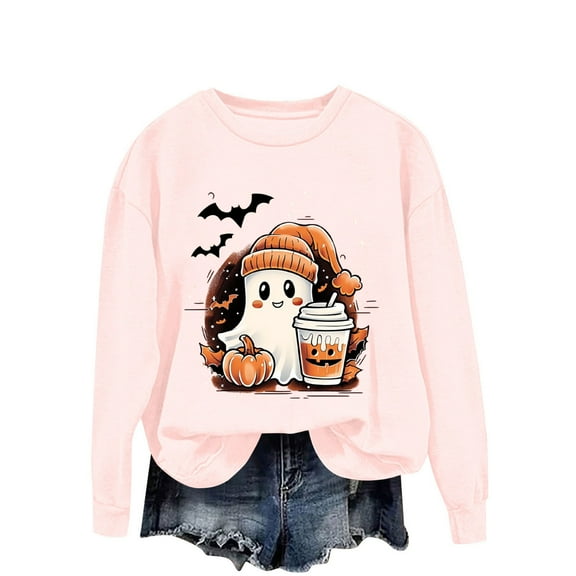 Thanksgiving Sweatshirt Women Pumpkin Coffee Graphic Sweatshirts Cute Halloween Shirts Fall Crewneck Sweatshirt Pink XXL