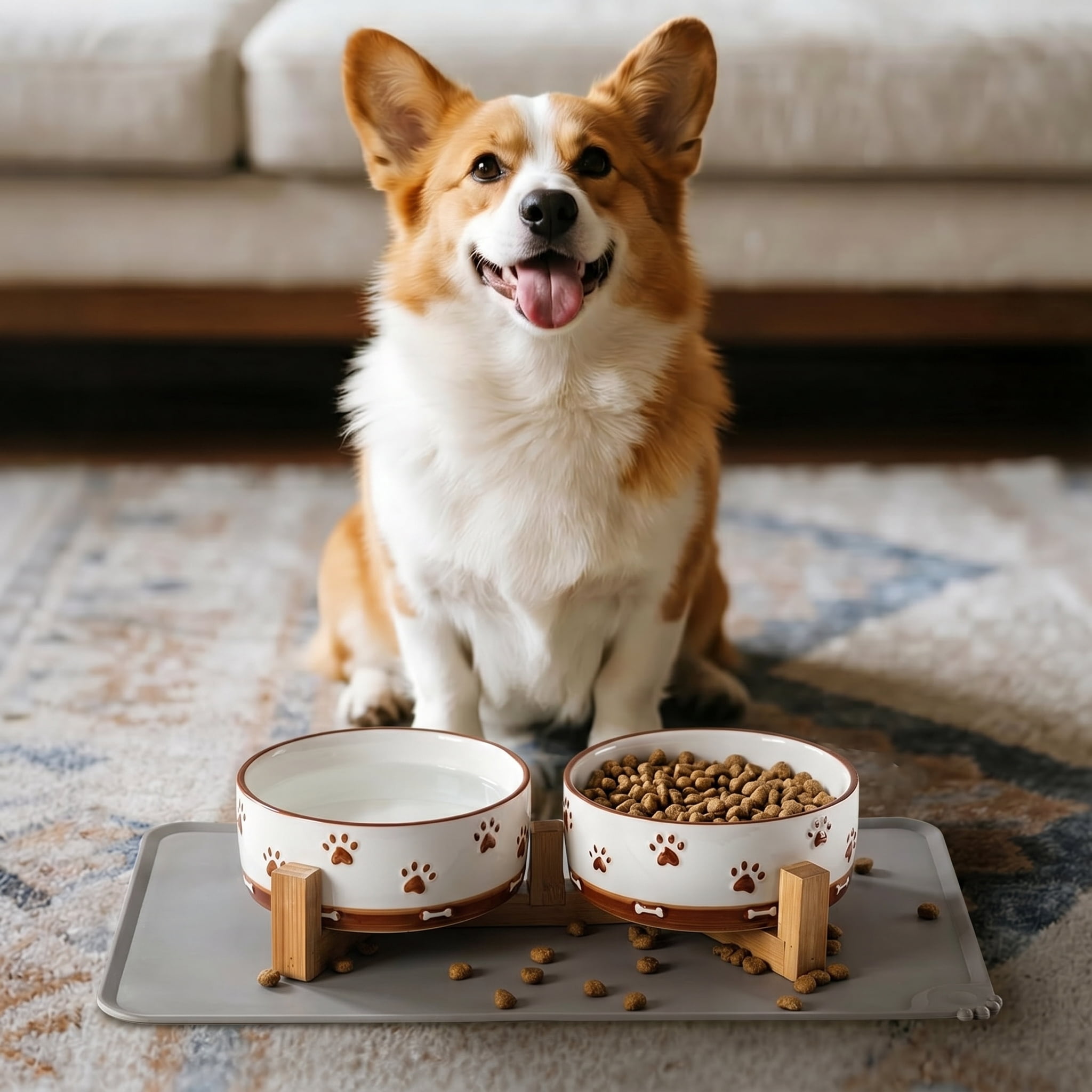 YUN TAO 3.5 Cups Pet Bowls Set of 2 for Medium Dogs, Ceramic Pet Food Water Dish Feeding with Wooden Stand, Cute Puppy Pet Dishes