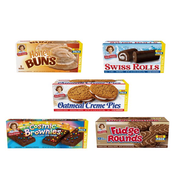 Little Debbie Big Pack Variety Bundle | One Big Pack Box Each of Oatmeal Crme Pies, Honey Buns, Swiss Rolls, Fudge Rounds and Cosmic Brownies