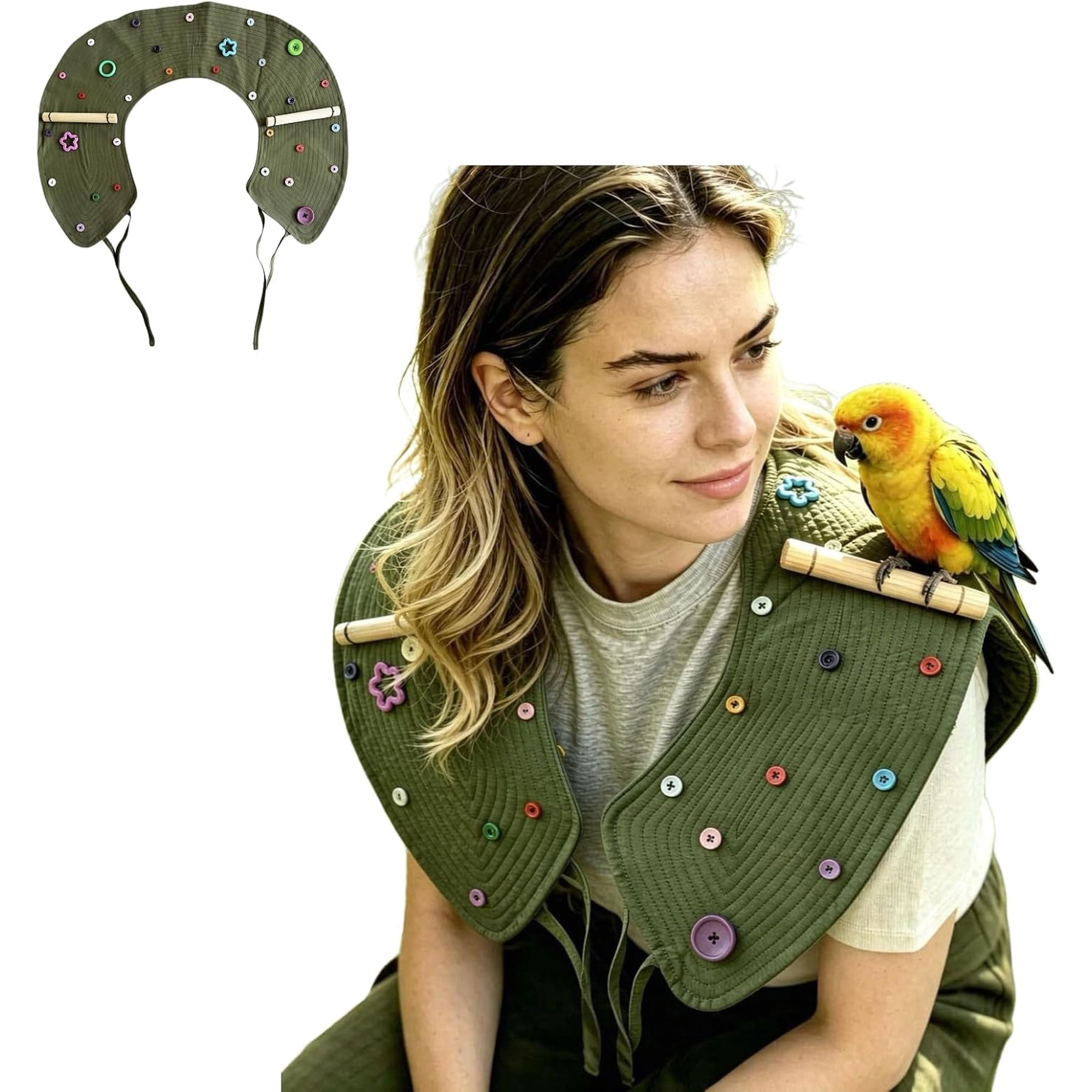 Parrot Shoulder Protector Cape with Wooden Perch Rods Washable Bird Poop Shawl for Small and Medium Parrots Canvas Training Cover for Indoor and Outdoor Use