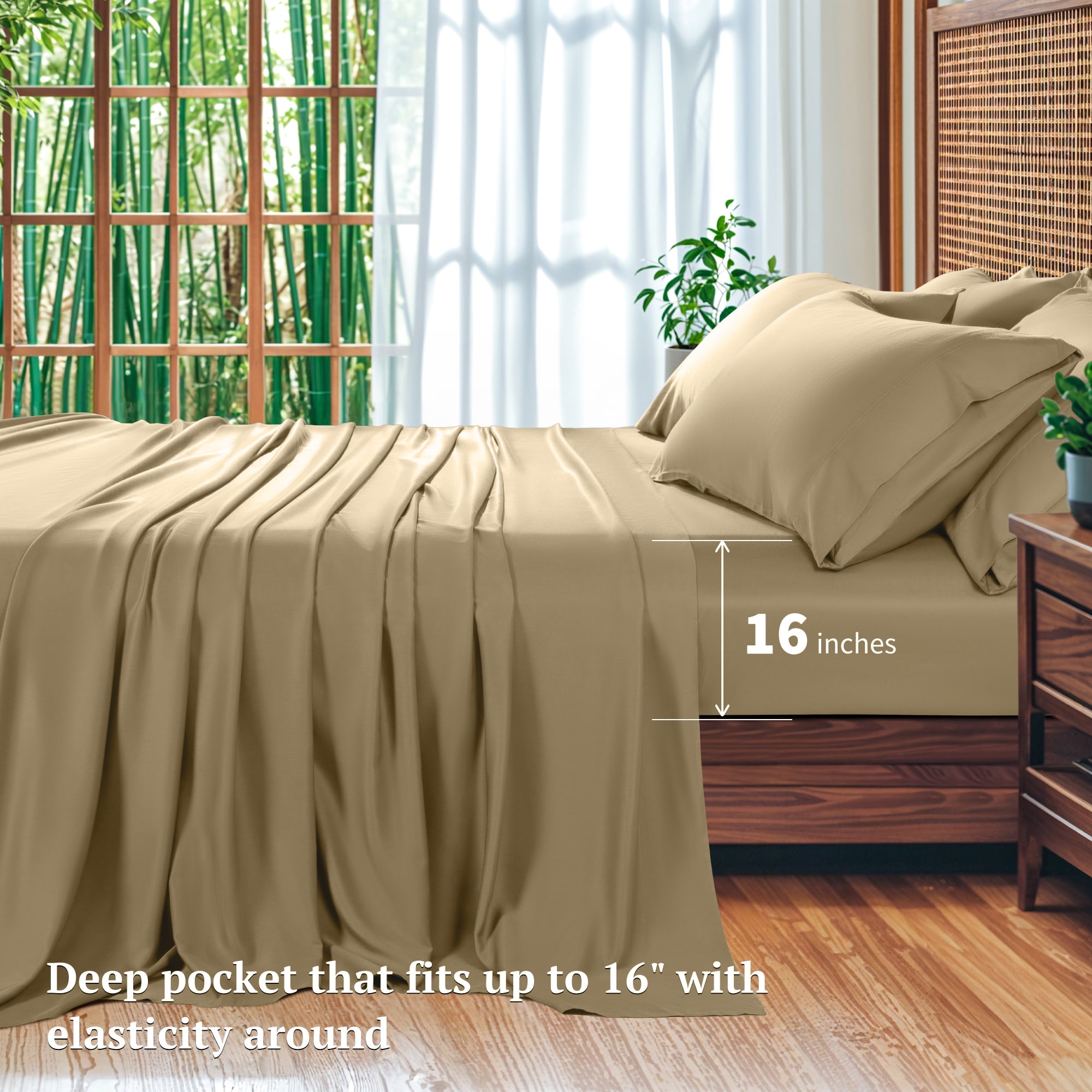 SONORO KATE 6 Pieces Bamboo Bed Sheets Set, Luxury Rayon Derived - Deep Pockets - Wrinkle Free - Extremely Soft, Queen, Beige