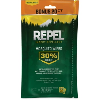 Repel Insect Repellent Mosquito Wipes 30% DEET, 20-ct