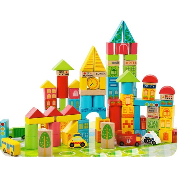 Wooden City & Transportation Colorful Building Blocks for Boys & Girls | Toddler Construction Stacking Toy Set with Storage Container (100 Pieces)