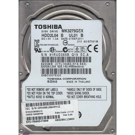 MK3275GSX, A0/GT001M, HDD2L04 B UL01 B, Toshiba 320GB SATA 2.5 Hard Drive