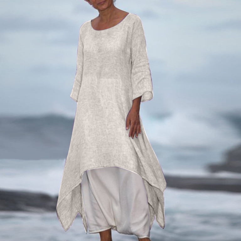 Mittory Linen Maxi Shirt Dress for Womens Casual 3/4 Sleeve Crew Neck Boho  Dresses with Pockets - Walmart.com