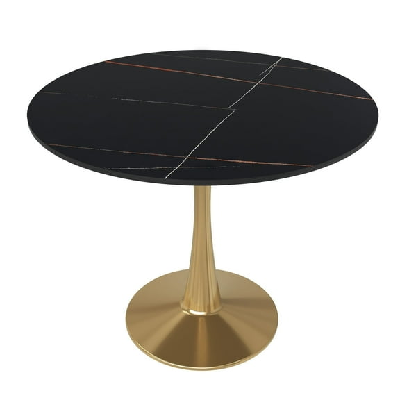 LeisureMod Round Dining Table Modern 35" Sintered Stone Tabletop with Gold Steel Pedestal Base for Kitchen and Living Room Bristol Series in Black