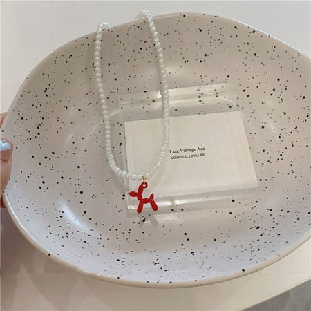 Exquisite Geometric Retro French Simple Jewelry Gift Dog Pendant Pearl Necklace Korean Style Necklace Clavicle Chain Female Sweater Chain RED SINGLE LAYER