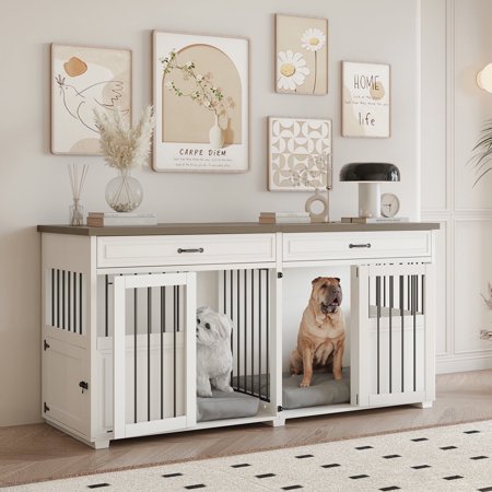 FiitDavz Dog Crate Furniture - Indoor Wooden Kennel Furniture with 4-Door, 72" Length and Installation Accessories for Dogs
