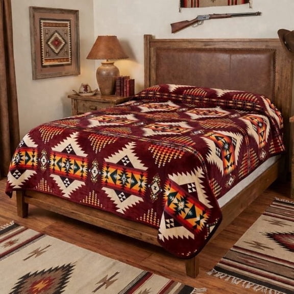 Nativo Super Soft Tribal Flannel Blanket, Queen Size 2ply Burgundy - Reversible
