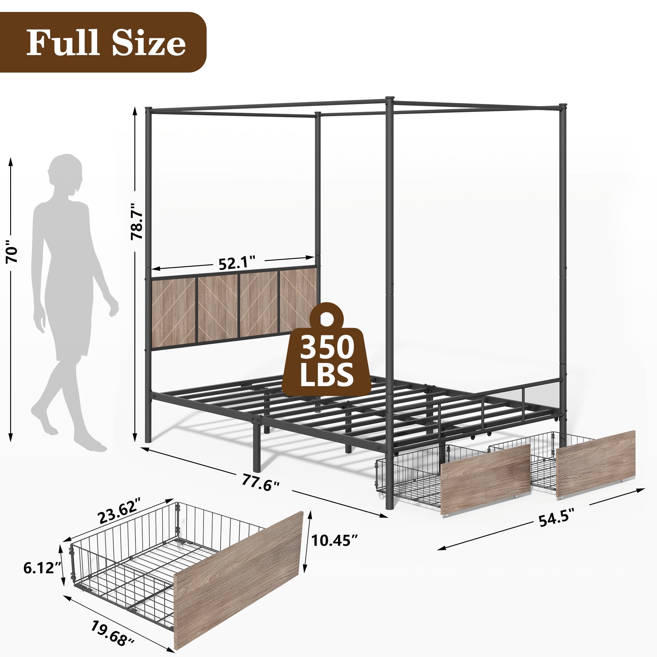 HSUNNS Full Bed Frame, Full Size Canopy Bed Frame with 2 Storage Drawers, Wooden Headboard and Footboard, Metal Platform Bed with Under-Bed Storage, No Box Spring Needed, Black+Brown