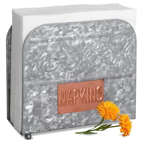 Autumn Alley Kitchen Galvanized Metal Farmhouse Napkin Holder with 'Napkins' Copper Label