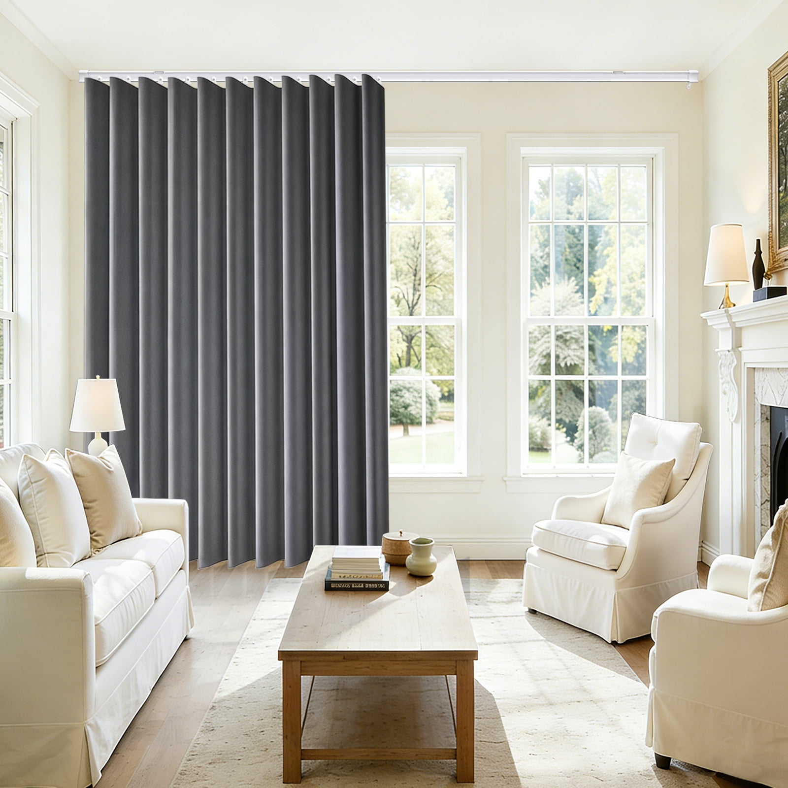 MaKefeile Blackout Curtain Divider with Ceiling Curtain Track for Room Partition,1 Panel Gray Privacy Divider Curtain and White Flexible Track Set
