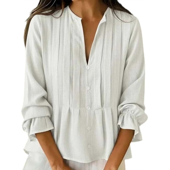 ShiShine Womens 3/4 Sleeve Tops Cotton Linen Button Down Shirts V Neck Pleated Casual Loose Blouses Ruffle Sleeve Shirt