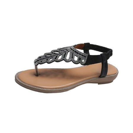 

YanHoo Thong Flat Sandals Casual Beaded Flower Rhinestone T Strap Dress Sandals Adjustable Ankle Buckle Dress Thong Sandals for Women Summer Wedding