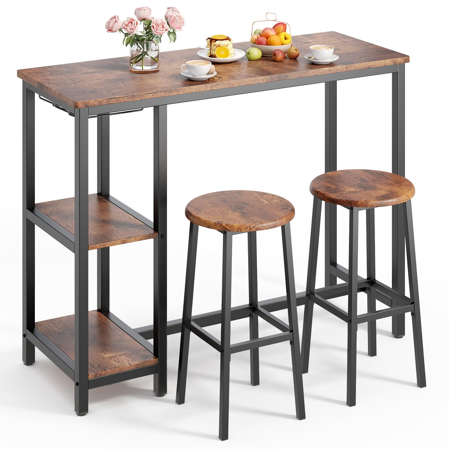 Lofka 2 Piece Bar Table Set with Storage Racks Rustic Brown Walmart