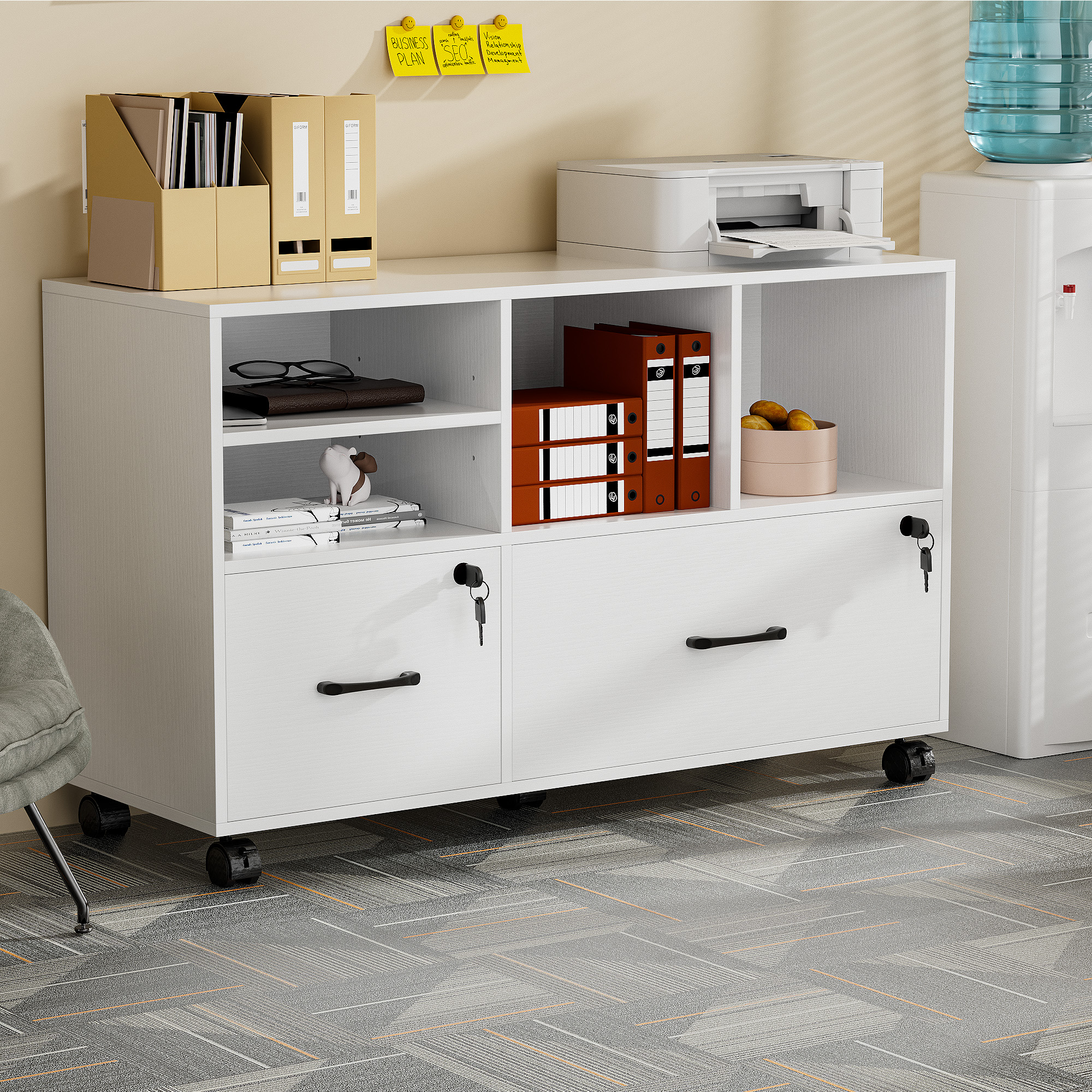Modfurne Large Lateral File Cabinet with 2 Drawers, Wood Mobile Lockable Rolling Filing Cabinet, Printer Stand Office Storage Fits Files Legal/A4, White