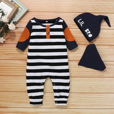 

Yubatuo Newborn Infant Baby Boys Girls Patch Striped Button Jumpsuit Romper+Hat+Bib Set Blue 62