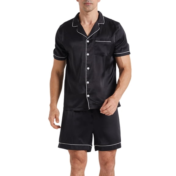 LANBAOSI Mens Satin Silk Pajama Set Short Sleeve Sleepwear Summer 2 Piece Loungewear (Black,L)