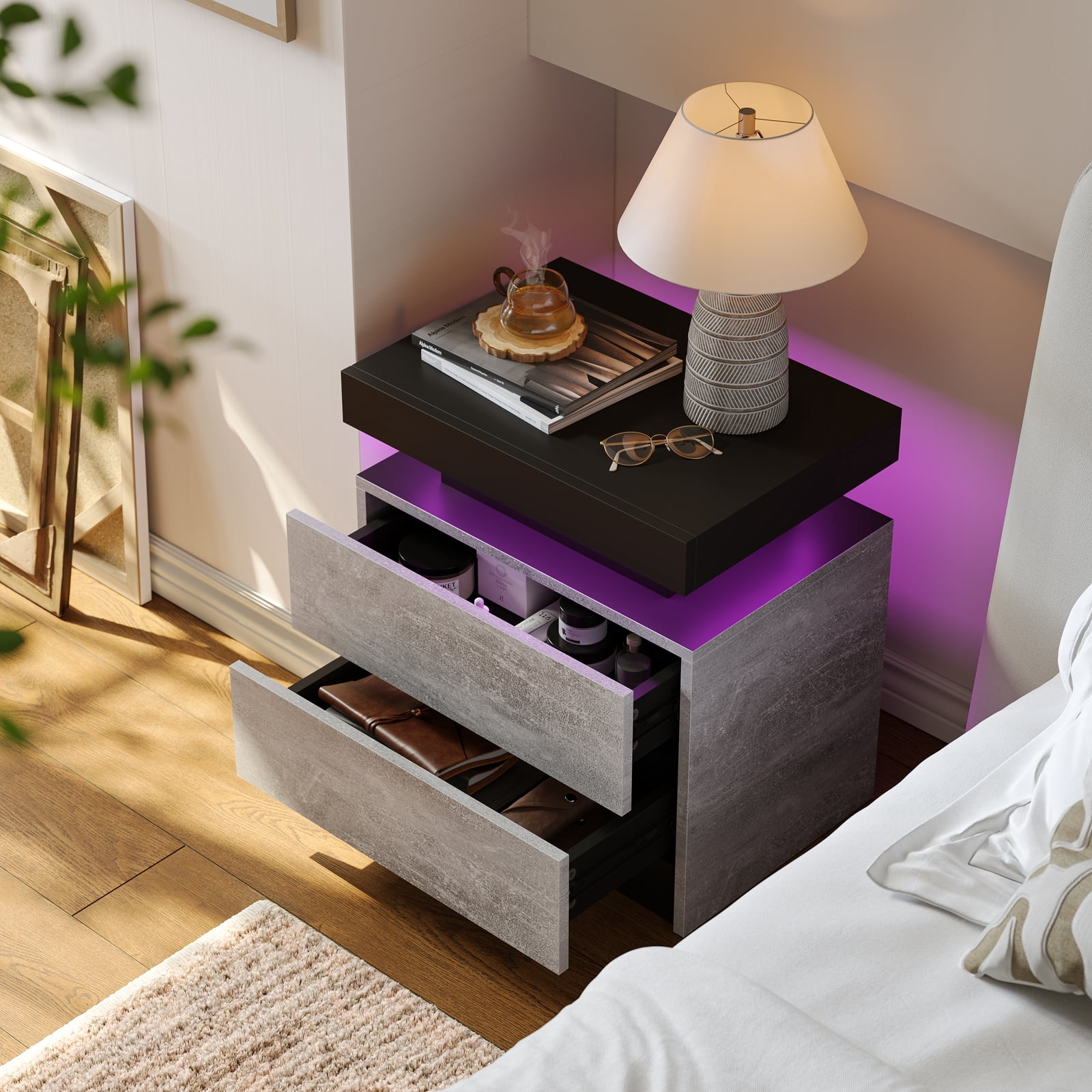 Cubehom Nightstand LED Bedside Table with 2 Drawers Modern Wood for Adults Bedroom Room Grey