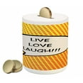 thumbnail image 1 of Live Laugh Love Piggy Bank, Comicbook Style Speech Bubble with a Words on Halftone Background, Ceramic Coin Bank Money Box for Cash Saving, 3.6" X 3.2", Orange Yellow Black, by Ambesonne, 1 of 4