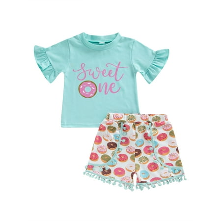 

Sunisery Kids Toddler Girls Summer Shorts Suit Ruffled Short Sleeves Letters Print Tops + Donut Print Fringed Shorts Green 18-24 Months