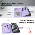 thumbnail image 4 of ELEHOLD for iPhone 16 Plus Case, Luxury Leather Magnetic Flip Zipper Credit Card Holder Slots Kickstand Flip Folio PU Leather Magnetic Wallet Case with Wrist/Shoulder Strap for iPhone 16 Plus,Purple, 4 of 8