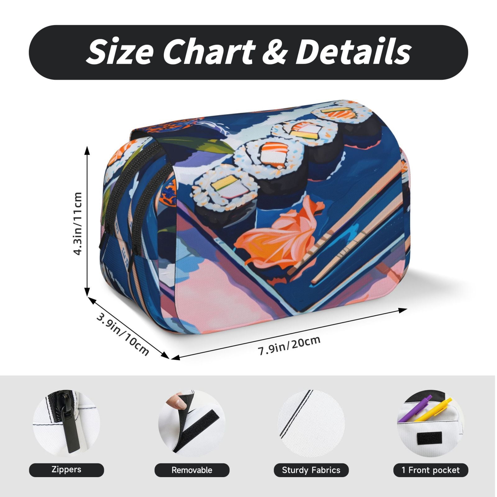 Rateoe Colorful Sushi Food Art Pattern Double Clamshell Pen Case, Storage Organizer with Two Zipper Compartments– Holds Up to 50 Pencils & Pens