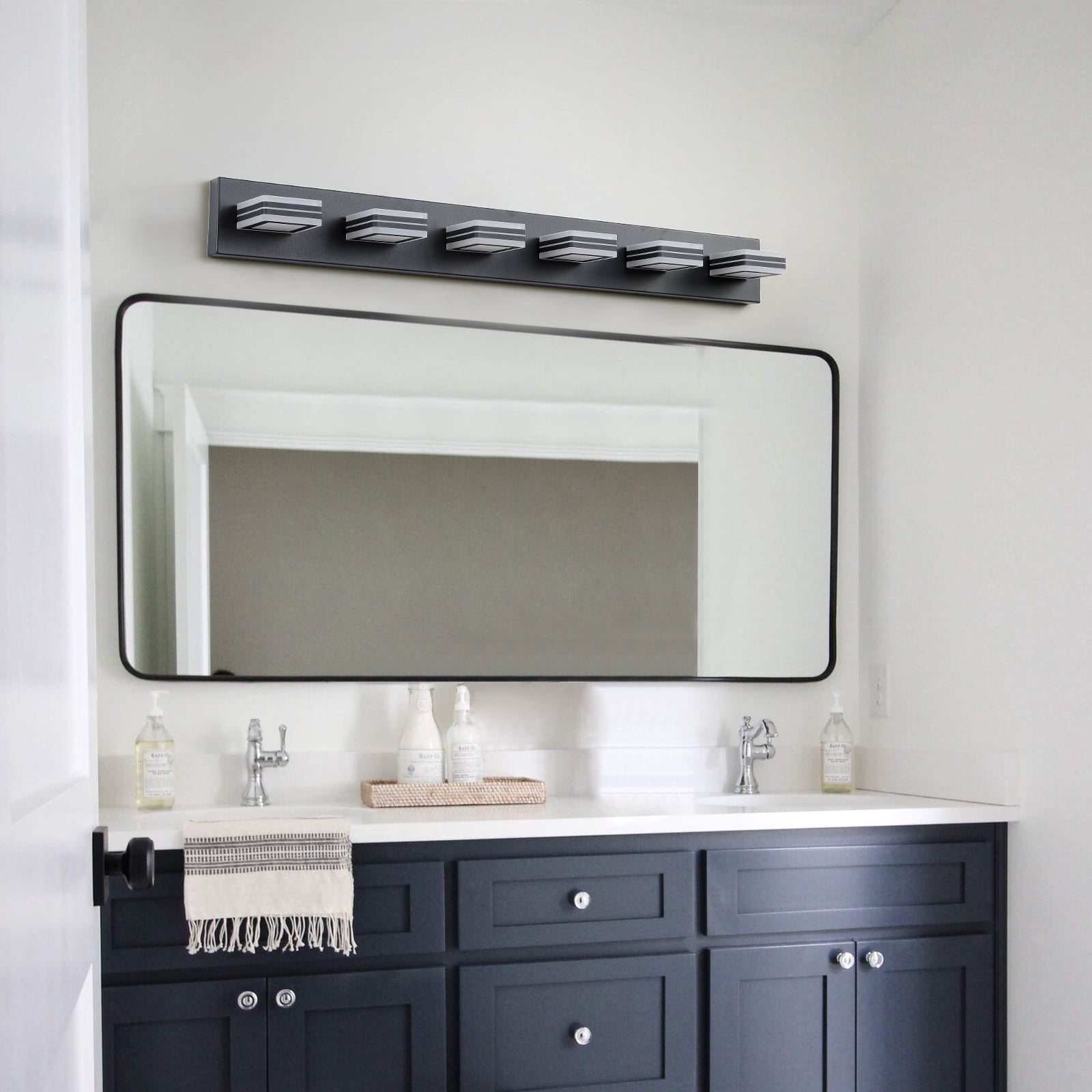 39" Modern Black 6-Light LED Vanity Light, Square Acrylic Lampshade Wall Mount Fixture for Bathroom Mirror Lighting