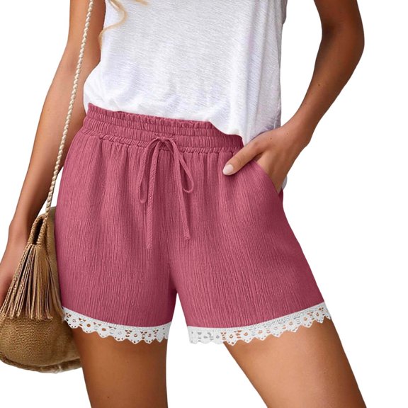 Sevevn Women's Casual Lace Trim Shorts Elastic Waist Drawstring Loose Comfy Shorts with Pockets Hot Pink XL